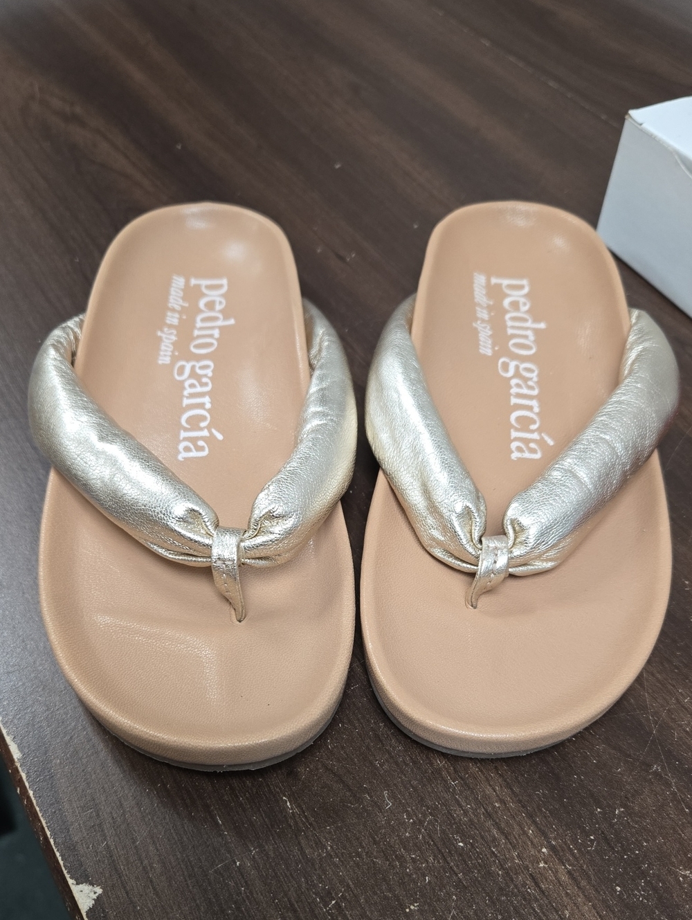 Pedro Garcia Size 37 Gold Metallic Leather Flip Flops